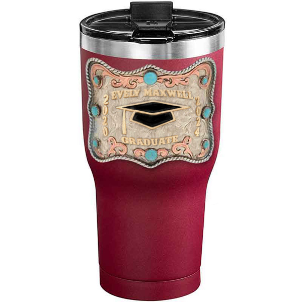 A customized tumbler made of stainless steel with a personalized engraved name and graduate cap figure, 30 oz, ideal for coffee or cool drinks